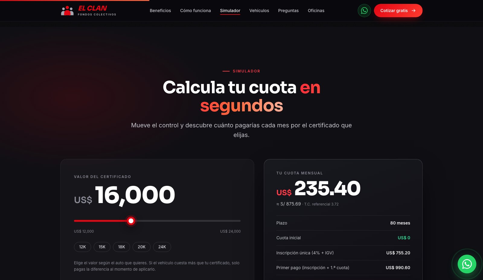 El Clan Fondos Colectivos - Simulador de cuota mensual interactivo