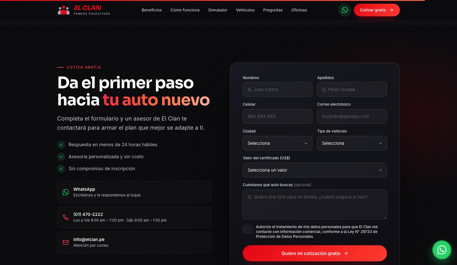 El Clan Fondos Colectivos - Formulario de cotización y datos de contacto