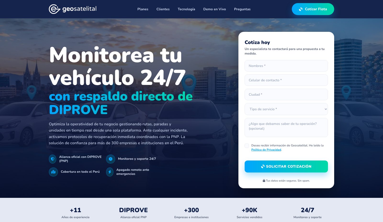 Geosatelital · Landing de Flotas - Hero con formulario de cotización