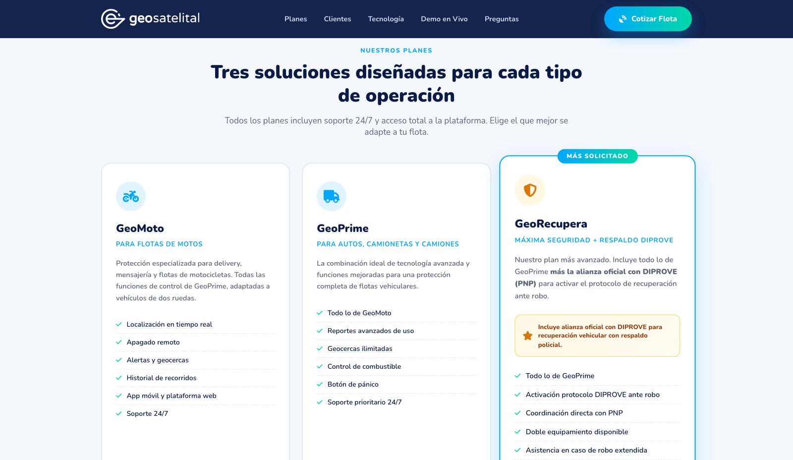 Geosatelital · Landing de Flotas - Planes GeoMoto, GeoPrime y GeoRecupera