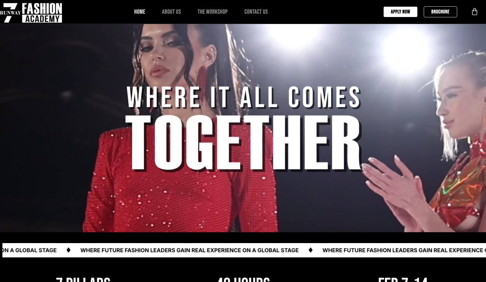 Runway 7 Fashion Academy - Vista principal con hero en video