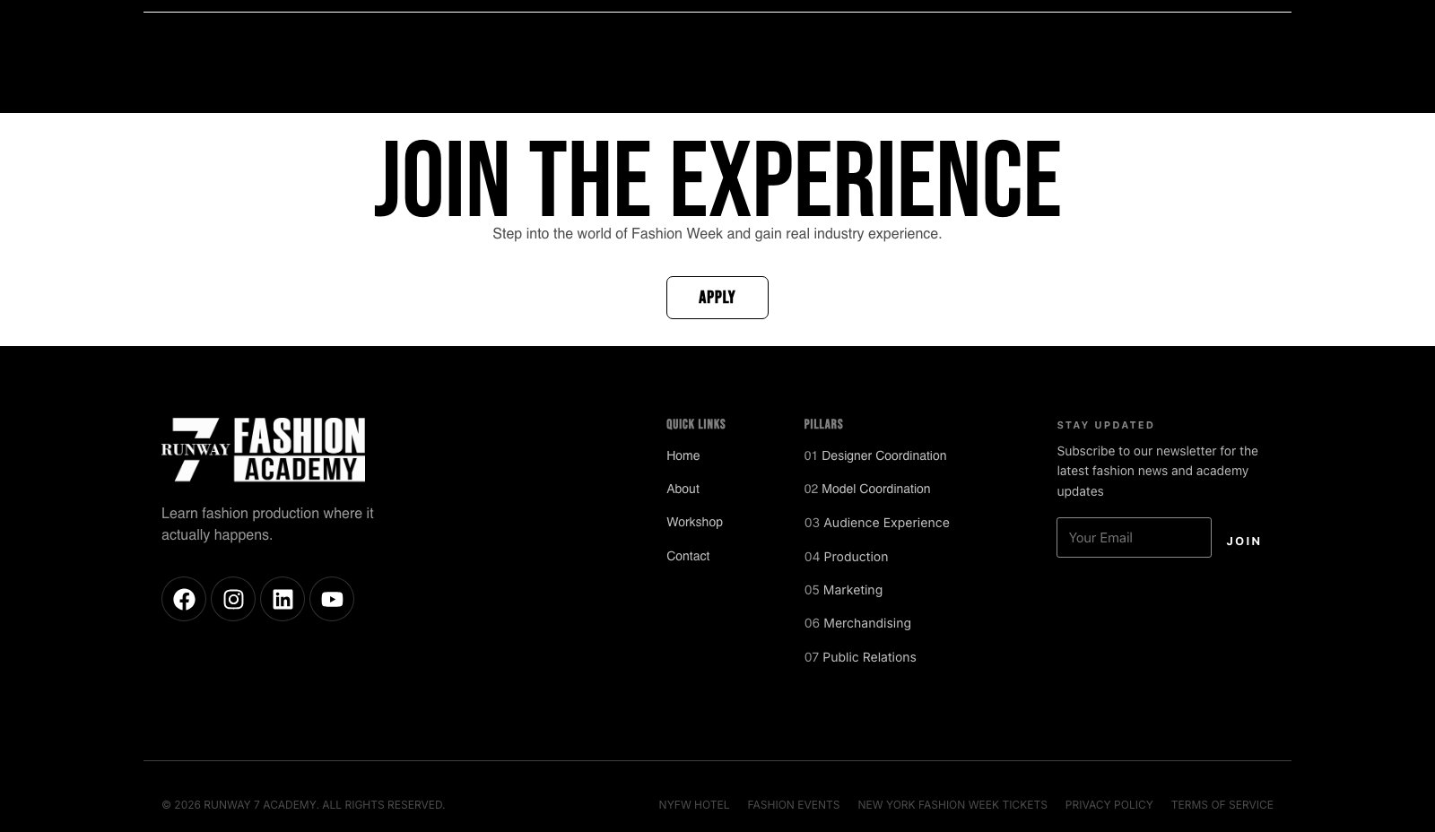Runway 7 Fashion Academy - Llamado a postular y footer
