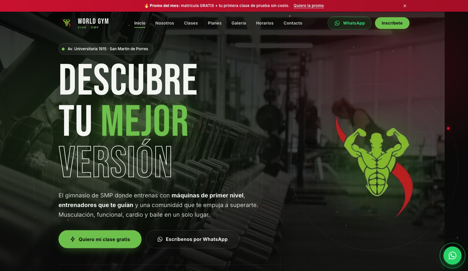 World Gym Club - Vista principal de la landing page del gimnasio