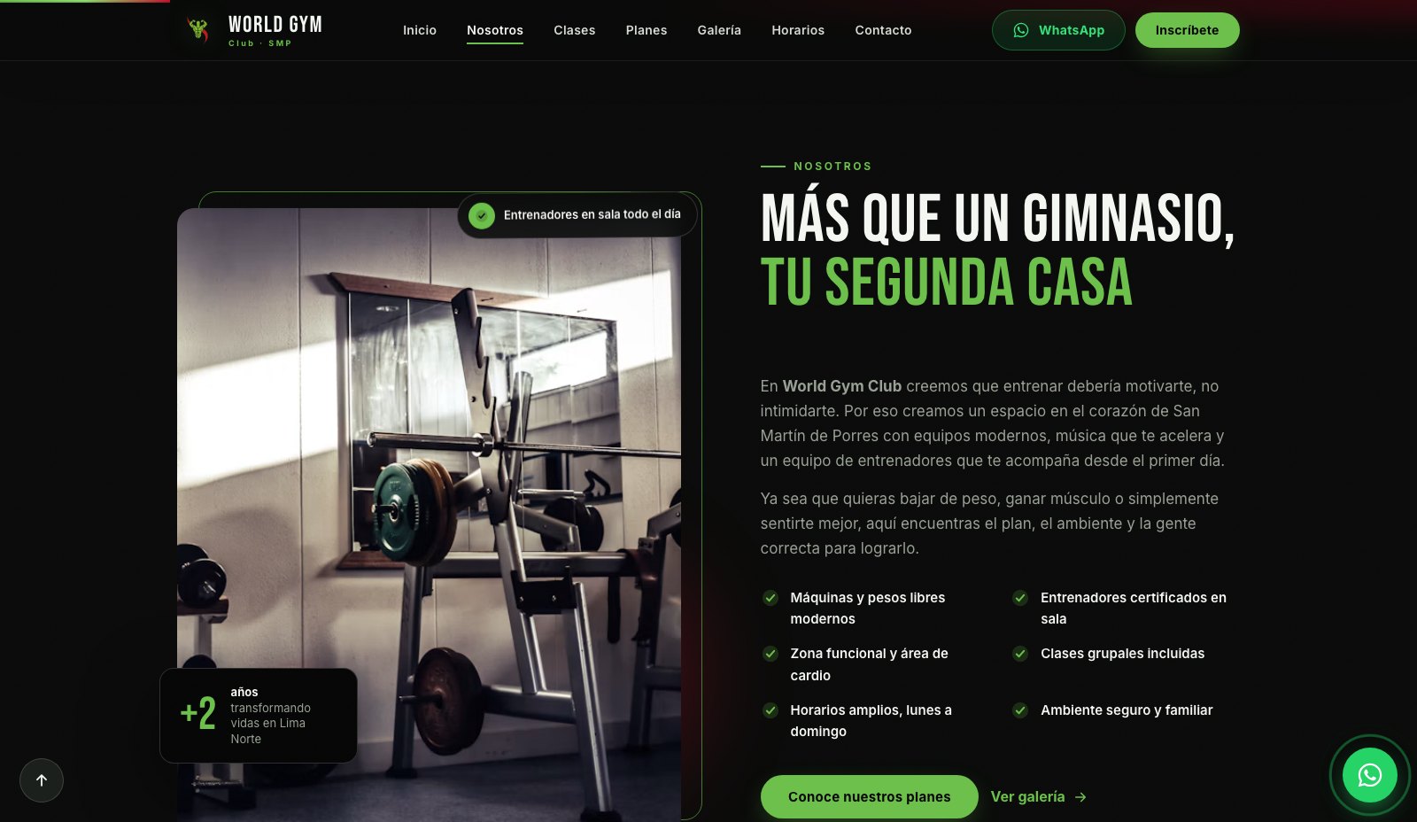 World Gym Club - Sección Nosotros con beneficios del gimnasio