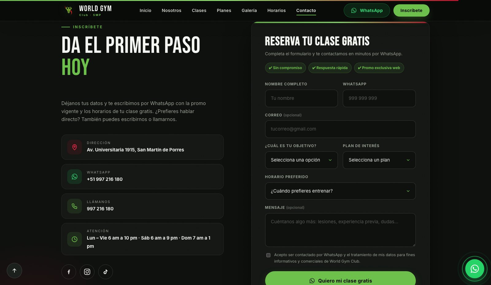 World Gym Club - Formulario de inscripción con envío a WhatsApp